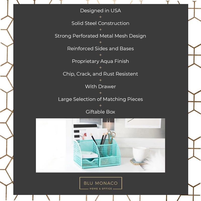 BLU MONACO Aqua Desk Organizer | Metal Turquoise Stationery Holder With Drawer and Compartments | Desktop Storage for School, Bedroom, Locker and Home | 5.5â€D x 8.6â€W x 5â€H Accessory Caddy - Image 3